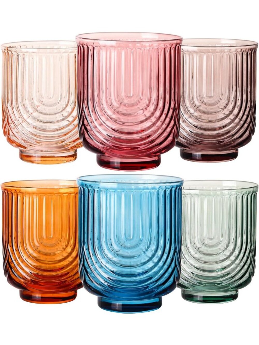 Set of 6 Vintage Colored Highball Glasses - Art Deco Ripple Cocktail & Juice
